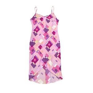 1990s VTG Up Front Pink Purple Geometric Spaghetti Strap Slip Dress Size Large
